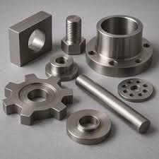 Precision-machined metal parts including flanges, gears, bolts, and fittings